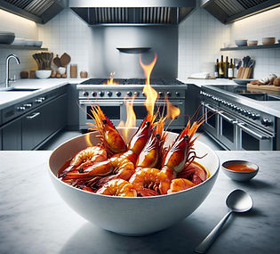 Grilled Prawns with Satsuma & Habanero Sauce, Flambé Mezcal.