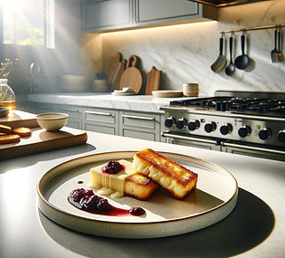 Saganaki with Cheese, Toast, Molasses and Flambéed Peaches