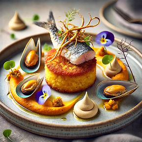 Cornmeal fritter with salt fish, sweet potato puree, and pickled mussels