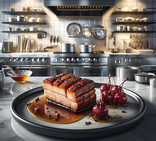 Soy marinated Roast Pork Belly with Sauteed and Pickled Cherries