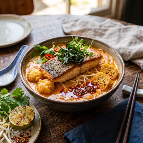 Laksa, Sea Bass & Prawn Balls