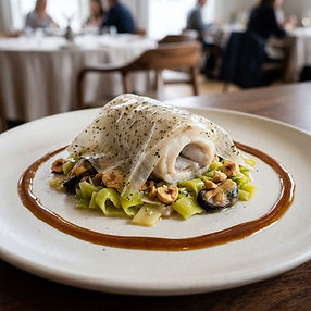 Stuffed Halibut with Mussel Veil