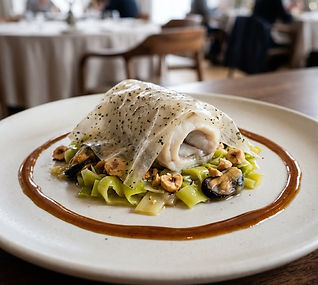 Stuffed Halibut with Mussel Veil