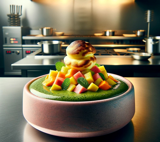 Potato Soufflé with Golden Milk, Tropical Fruit and Mustard Greens