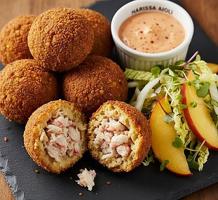 Crab and Shrimp Hush Puppies with Harissa Aioli