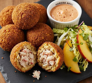 Crab and Shrimp Hush Puppies with Harissa Aioli