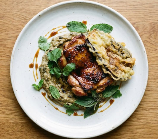 Smashed Chicken Thigh with Baba Ganoush