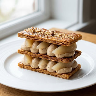 Poached Pear Millefeuille with Hazelnut Praline Cream