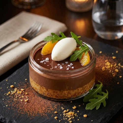 Salted Caramel Chocolate Crémeux with Toasted Hazelnuts, Bourbon Oranges, and Bourbon Cream