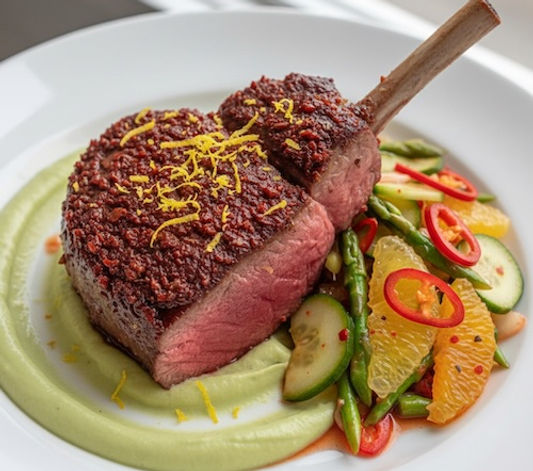 Spiced, Citrus Venison with Cucumber Asparagus Kimchi