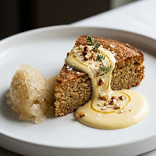 Barley Pretzel Cake with Pretzel Granita and Honey Mustard Sabayon