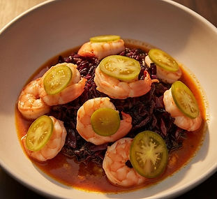 Harissa Butter Poached Shrimp with Pickled Green Tomato