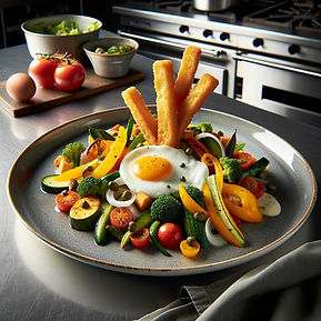 Diced Grilled Vegetable Salad with Fried bread and Fried Egg Aioli with Capers 