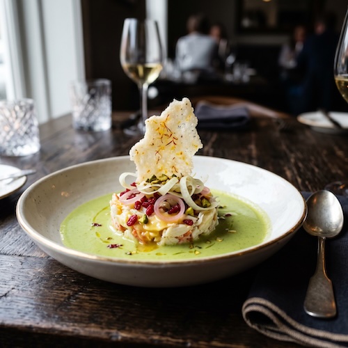Pistachio Soup with Crab
