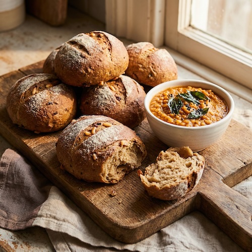 Onion and Pine Nut Rye Rolls with Lentil Chutney