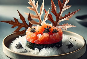 Maple Cured Salmon Tartare with Whipped Silken Tofu, Hosemade Furikake and Daikon Maple Leaves