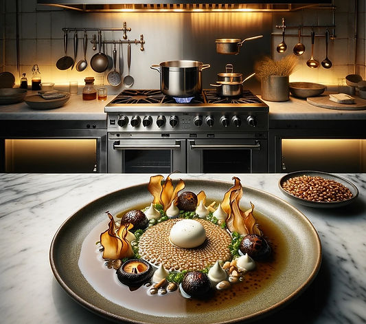 Hops and Kombu Broth with Farro, Mitake Mushrooms and Burrata