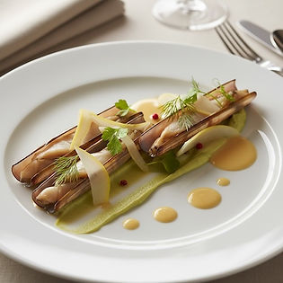 Steamed Razor Clams with Jerusalem Artichoke, Pickled Fennel and Beurre Blanc