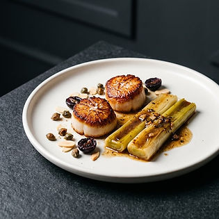 Scallops Almondine, Salty Leeks
