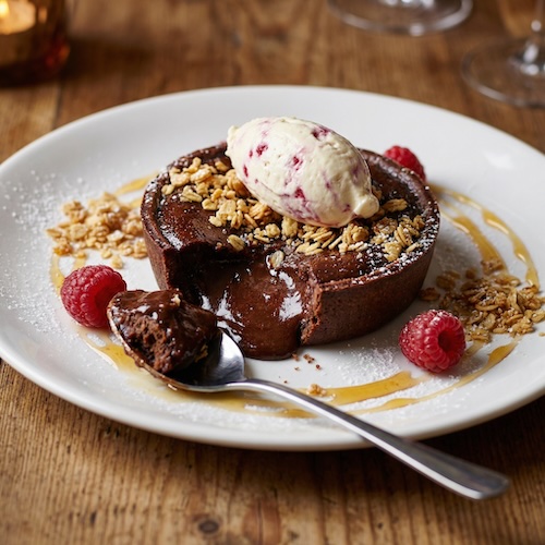 Molten Chocolate Tart with Oatmeal Crumble and Cranachan Cream