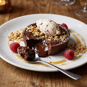 Molten Chocolate Tart with Oatmeal Crumble and Cranachan Cream
