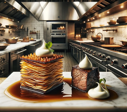 Potato Crisp Pavé with Yoghurt and Beer-braised Short Rib