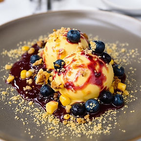 Corn Crémeux with Corn Ice Cream, Grilled Blueberry Condiment and Blueberry Crisp