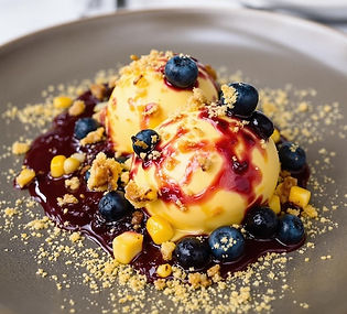 Corn Crémeux with Corn Ice Cream, Grilled Blueberry Condiment and Blueberry Crisp