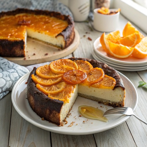 Orange and Cardamom Basque Cheesecake with Candied Oranges