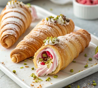 Raspberry Pistachio Cream Horns with White Chocolate