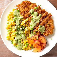 Pork Katsu with Miso Corn & Silky Pea Shoot Gravy