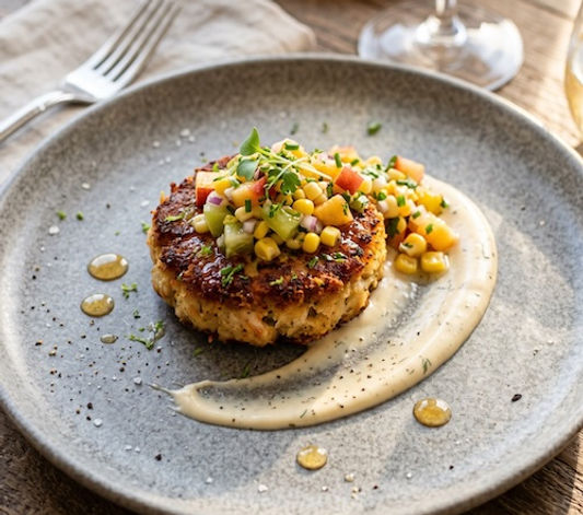 Smoked Trout & Crab Cake, Sour Corn