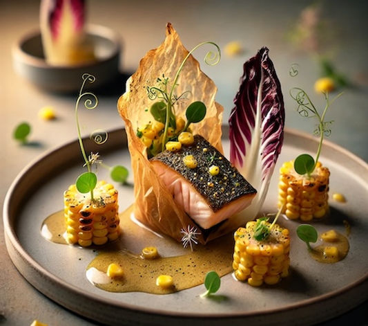 Poached Trout en Papillotte with Corn and Pea Shoots