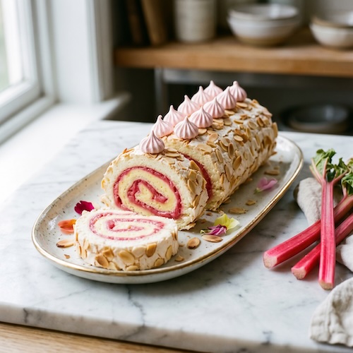 Rhubarb and Custard Meringue Roulade