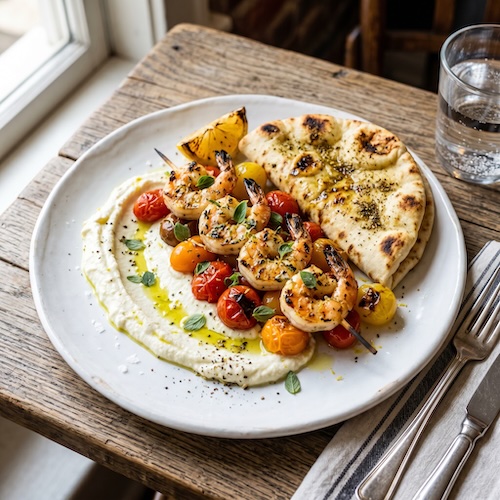 Shrimp Souvlaki with Whipped Feta and Pita