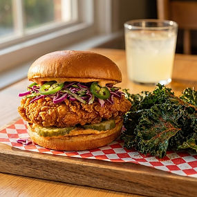 Spicy Fried Chicken Sandwich with Roasted Jalapeño Slaw and Cayenne Kale Chips