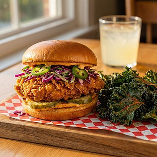 Spicy Fried Chicken Sandwich with Roasted Jalapeño Slaw and Cayenne Kale Chips