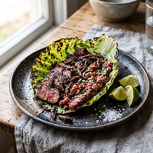 Taco de Carne Asada on a Cabbage Tortilla with Chapulines