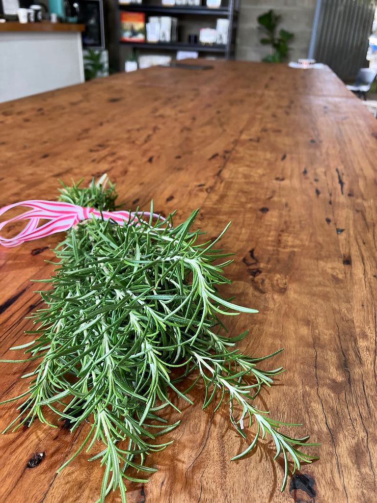 Sprigs of fresh rosemary with a pink ribbon lie on a wooden table. Blurred background shows shelves with books and plants.