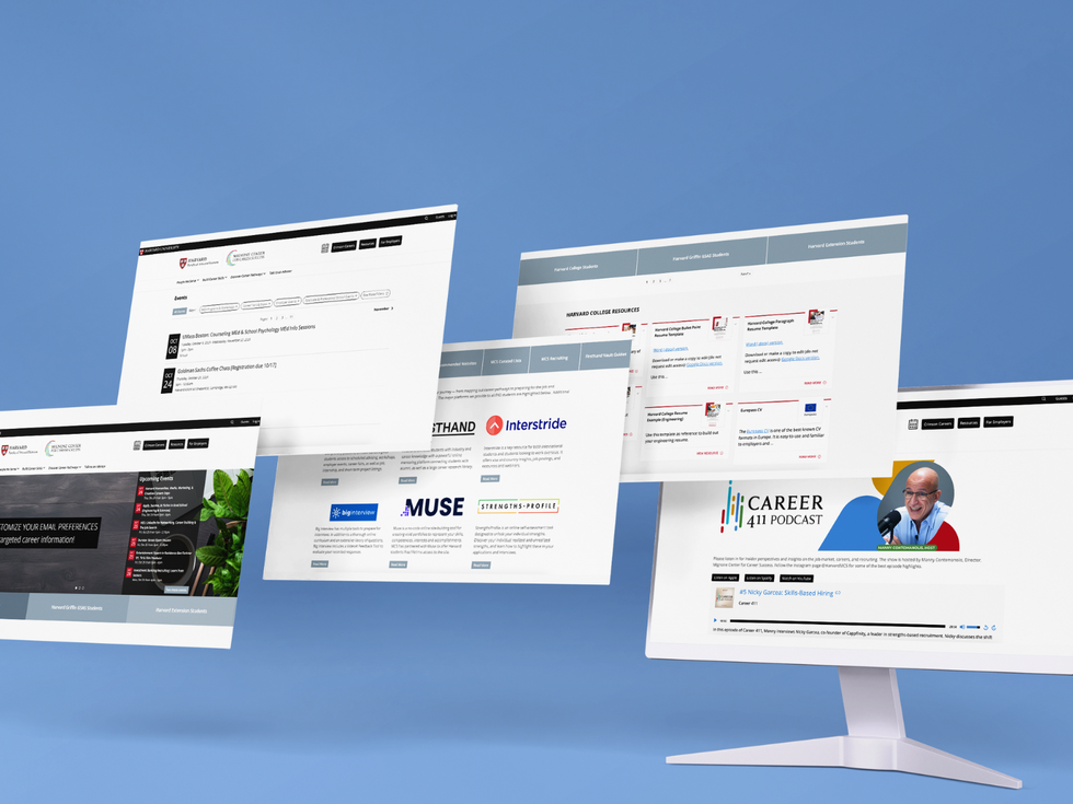 Mock up of various pages on the Mignone Center for Career Success' website.