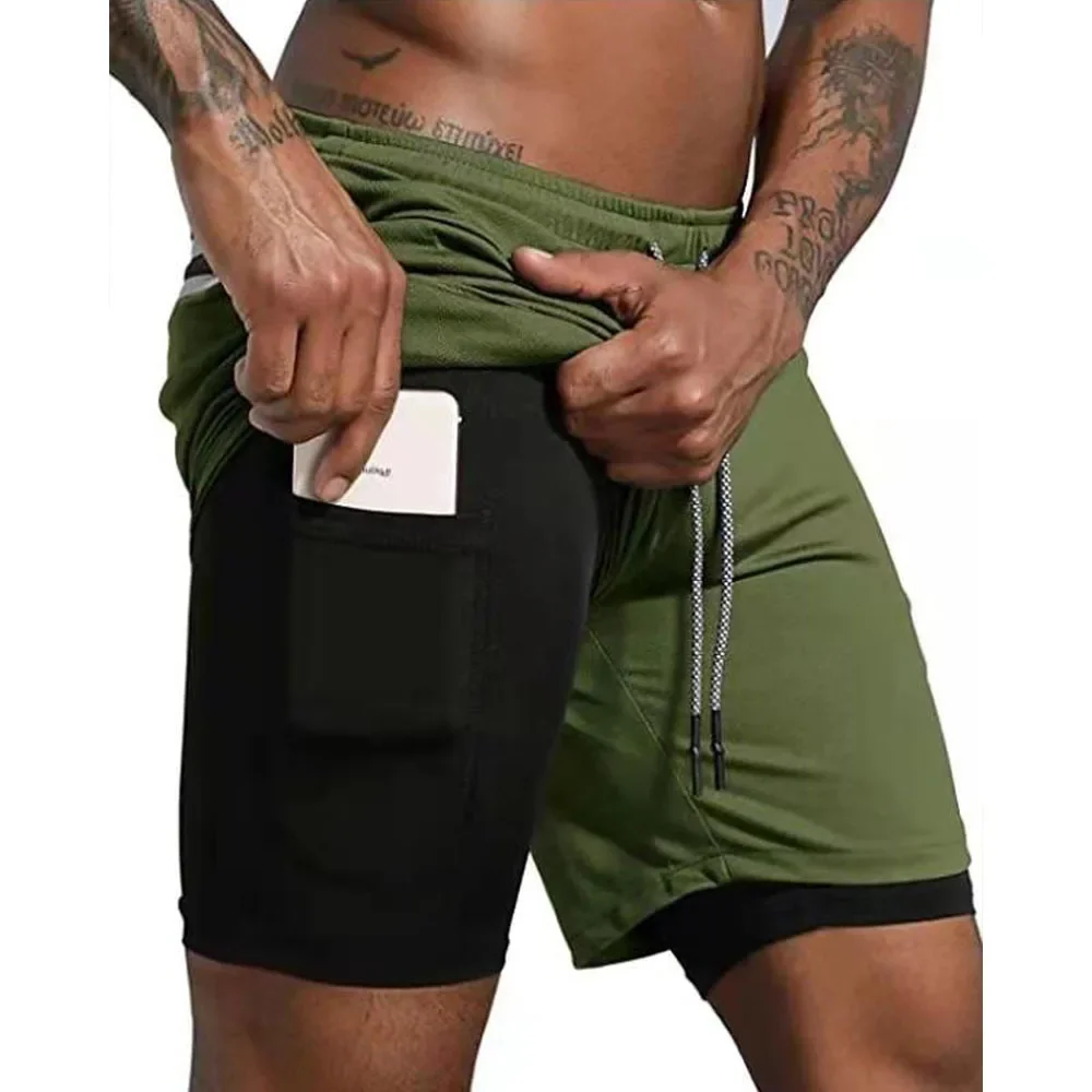 Men Fitness Built-In Pocket Sports Shorts Summer 2 in 1 Quick Dry Gym Beach
