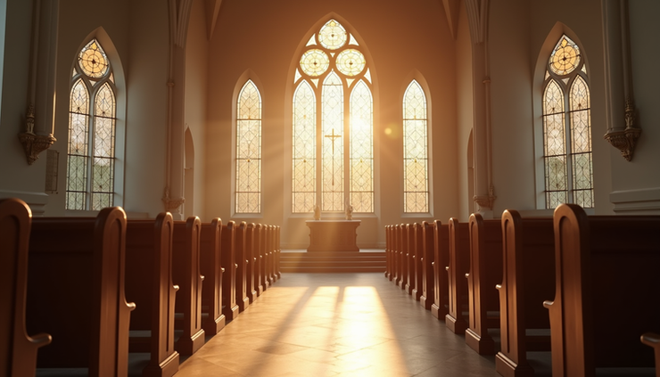 Eye-level view of a quiet, sunlit church interior with empty wooden pews