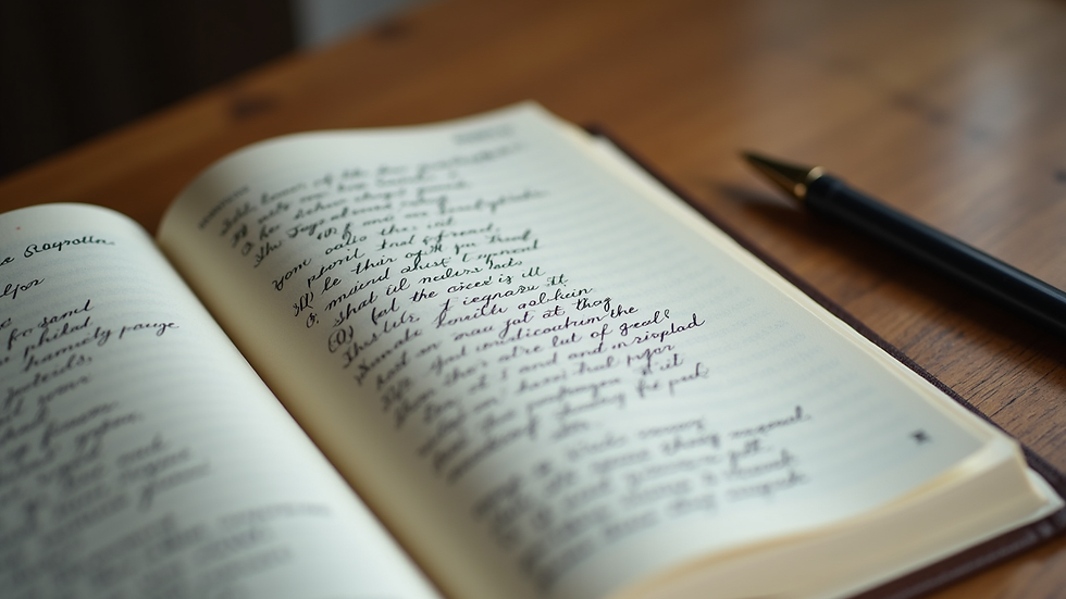 Close-up view of a journal with handwritten prayers and a pen on a wooden desk