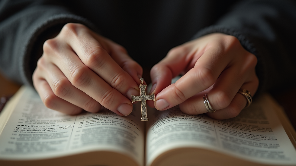 Close-up view of hands holding a cross pendant over an open Bible