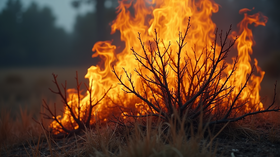 Eye-level view of a burning bush in a quiet wilderness