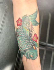 Koi fish tattoo with cherry blossoms; Japanese tattoo; koi tattoo; fish tattoo; koi fish tattoo; Ciara Meyer Tattoos; tattoo; metamorphosis ink; Dunedin; Dunedin florida; Dunedin causeway; florida; florida tattoo artist; tattoo shop near me; color; color tattoo artist; realism artist; fine line tattoo artist; female tattoo artist; best female artist; tattoo artist of florida; paramedical tattoo artist; breast cancer tattoo artist; mastectomy tattoo artist; scar cover up artist; 