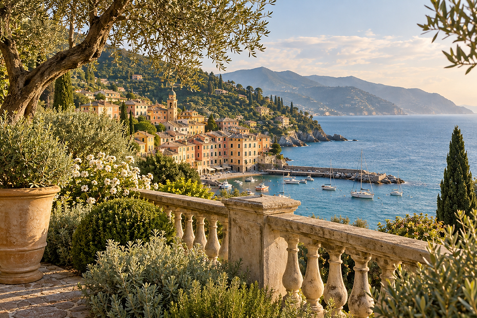 Borgo costiero e porto sul Mediterraneo, immagine illustrativa generata con AI / Mediterranean coastal village and harbour, AI-generated illustrative image