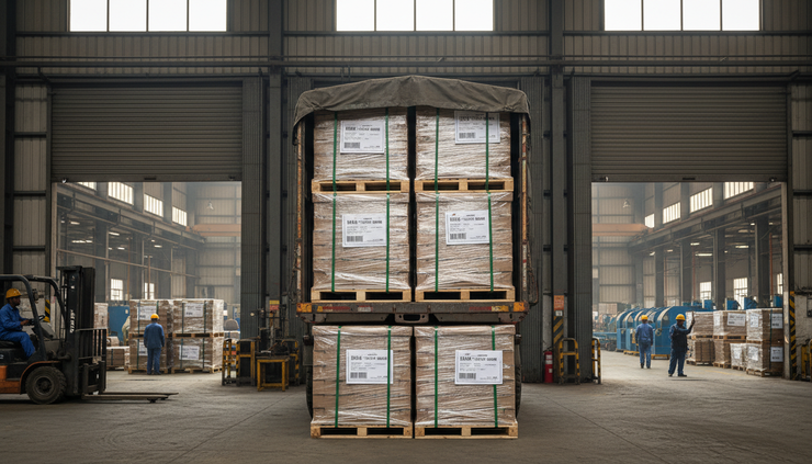 Eye-level view of a loaded goods vehicle at a factory dispatch bay