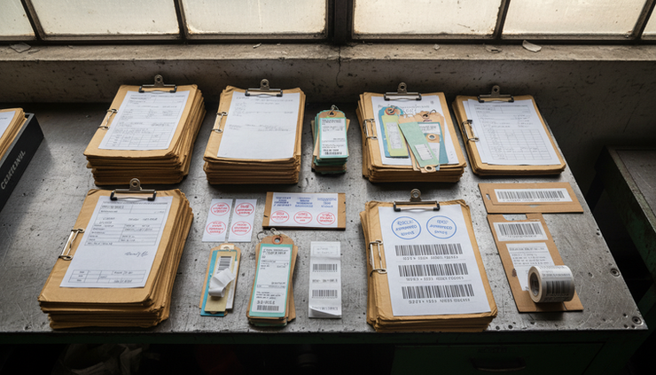 Top-down view of organised vendor files and factory material tags on a workbench