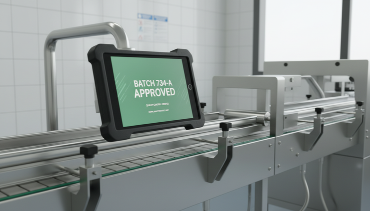Eye-level view of a tablet mounted beside a clean manufacturing line